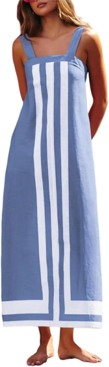 Color Block Dress for Women Beach Vacation Linen Summer Maxi Dresses Bohemian Square Neck Long Sundress Overall Dress