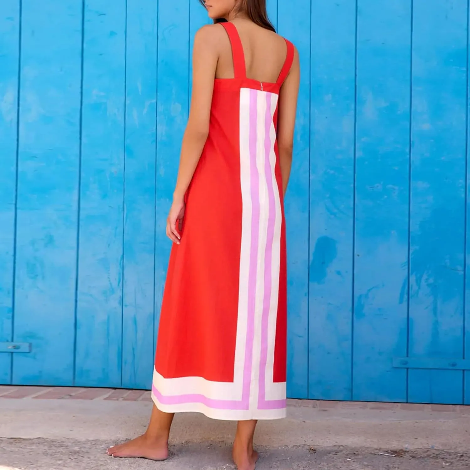 Color Block Dress for Women Beach Vacation Linen Summer Maxi Dresses Bohemian Square Neck Long Sundress Overall Dress