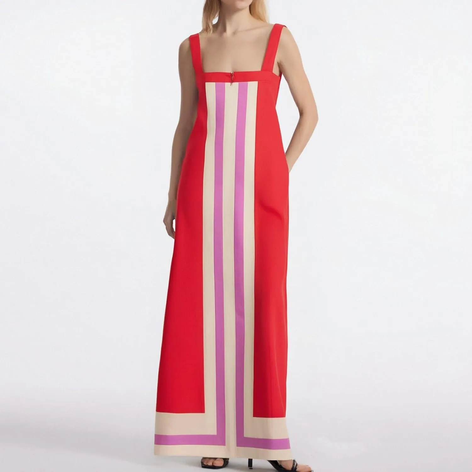 Color Block Dress for Women Beach Vacation Linen Summer Maxi Dresses Bohemian Square Neck Long Sundress Overall Dress