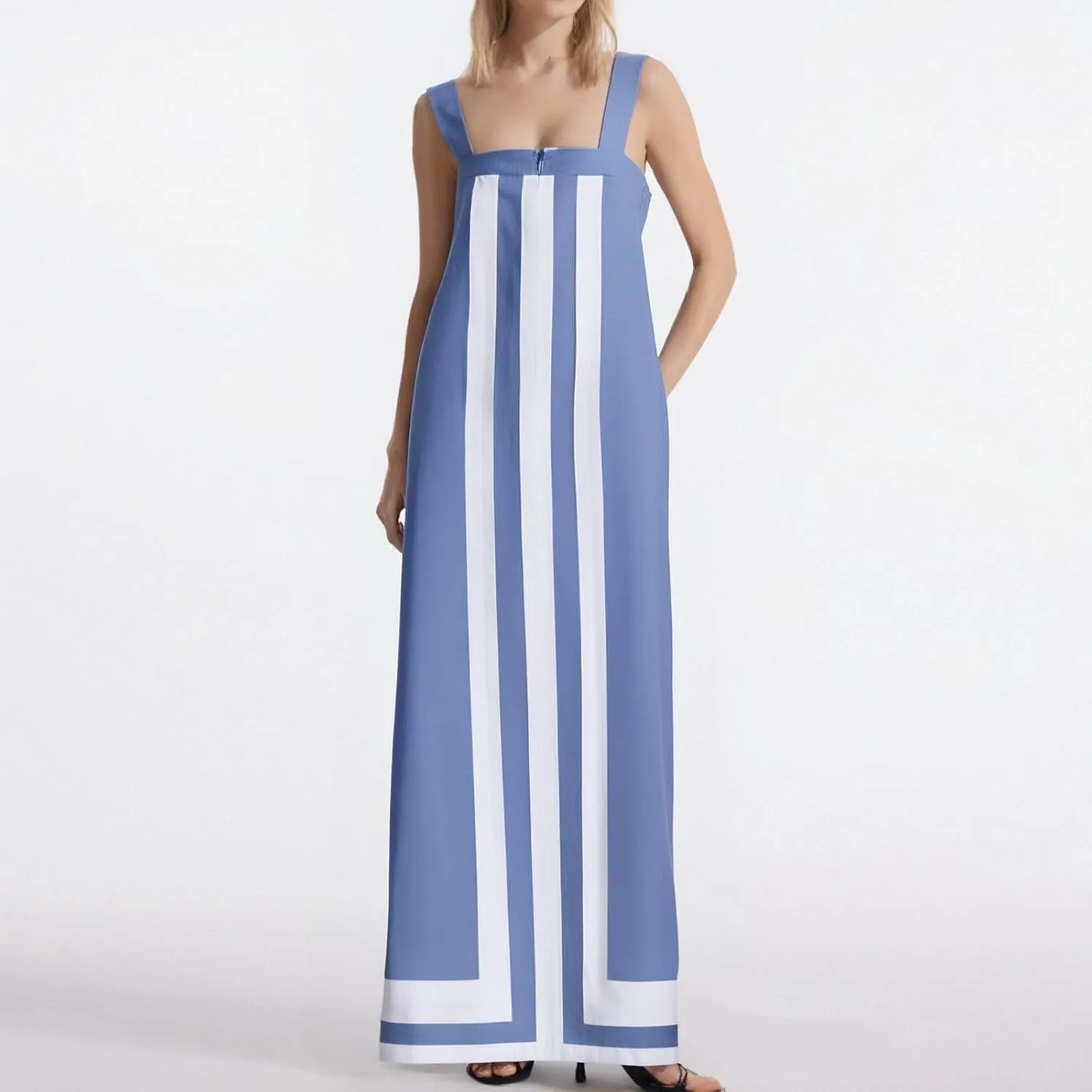 Color Block Dress for Women Beach Vacation Linen Summer Maxi Dresses Bohemian Square Neck Long Sundress Overall Dress