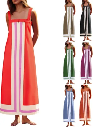 Color Block Dress for Women Beach Vacation Linen Summer Maxi Dresses Bohemian Square Neck Long Sundress Overall Dress