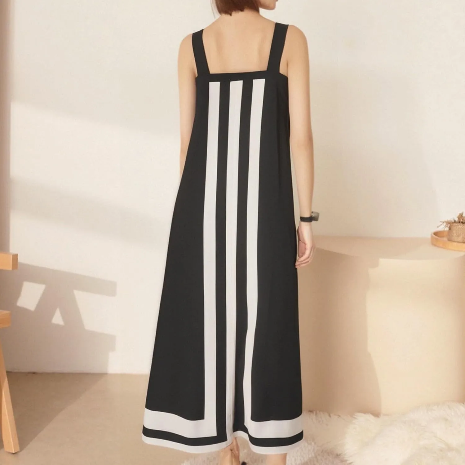 Color Block Dress for Women Beach Vacation Linen Summer Maxi Dresses Bohemian Square Neck Long Sundress Overall Dress