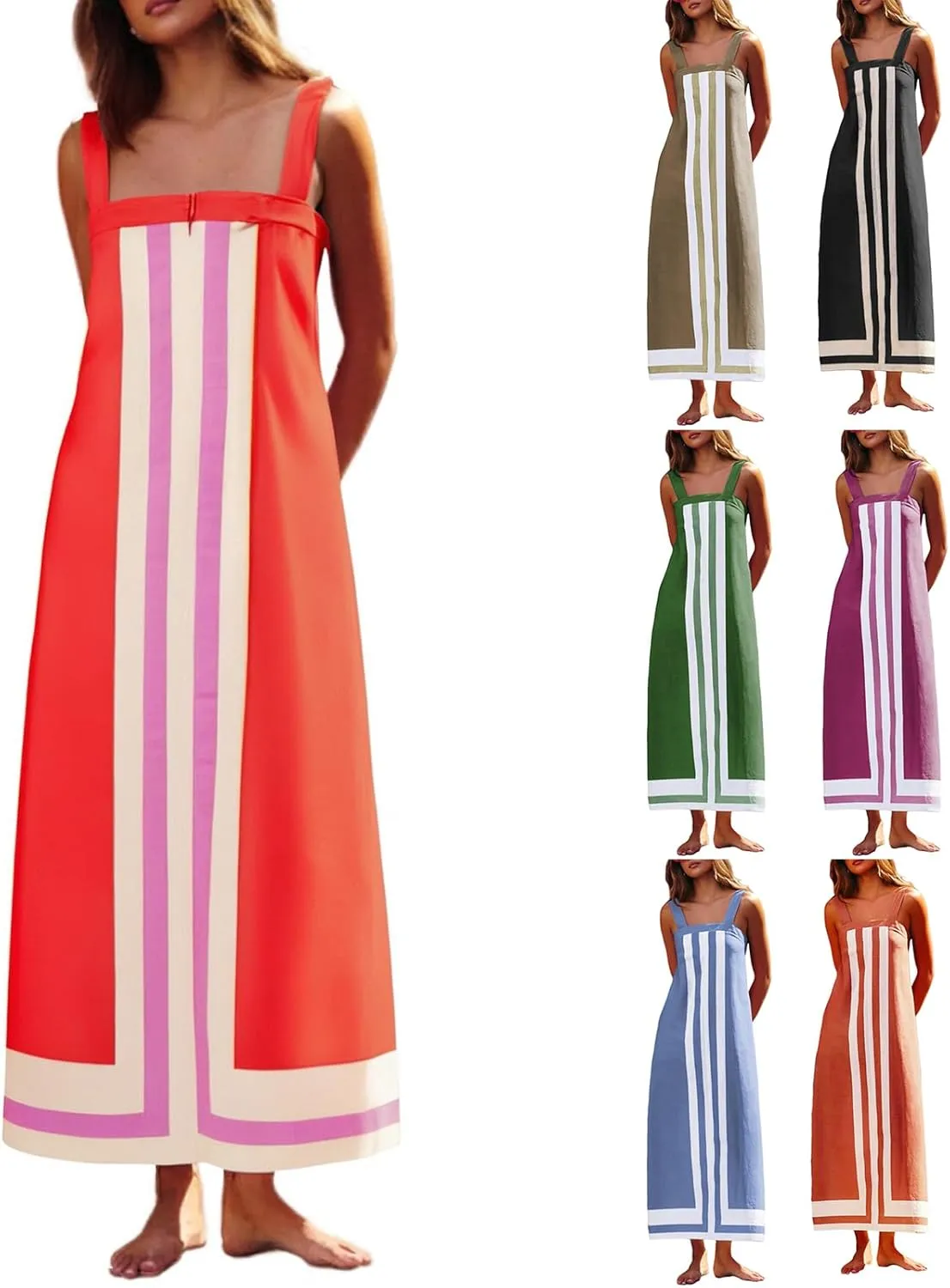 Color Block Dress for Women Beach Vacation Linen Summer Maxi Dresses Bohemian Square Neck Long Sundress Overall Dress