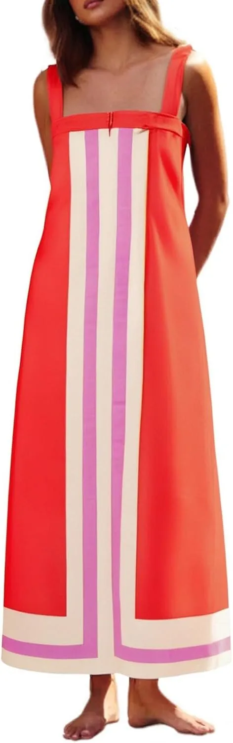 Color Block Dress for Women Beach Vacation Linen Summer Maxi Dresses Bohemian Square Neck Long Sundress Overall Dress