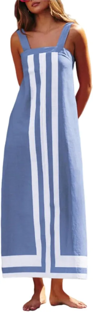 Color Block Dress for Women Beach Vacation Linen Summer Maxi Dresses Bohemian Square Neck Long Sundress Overall Dress