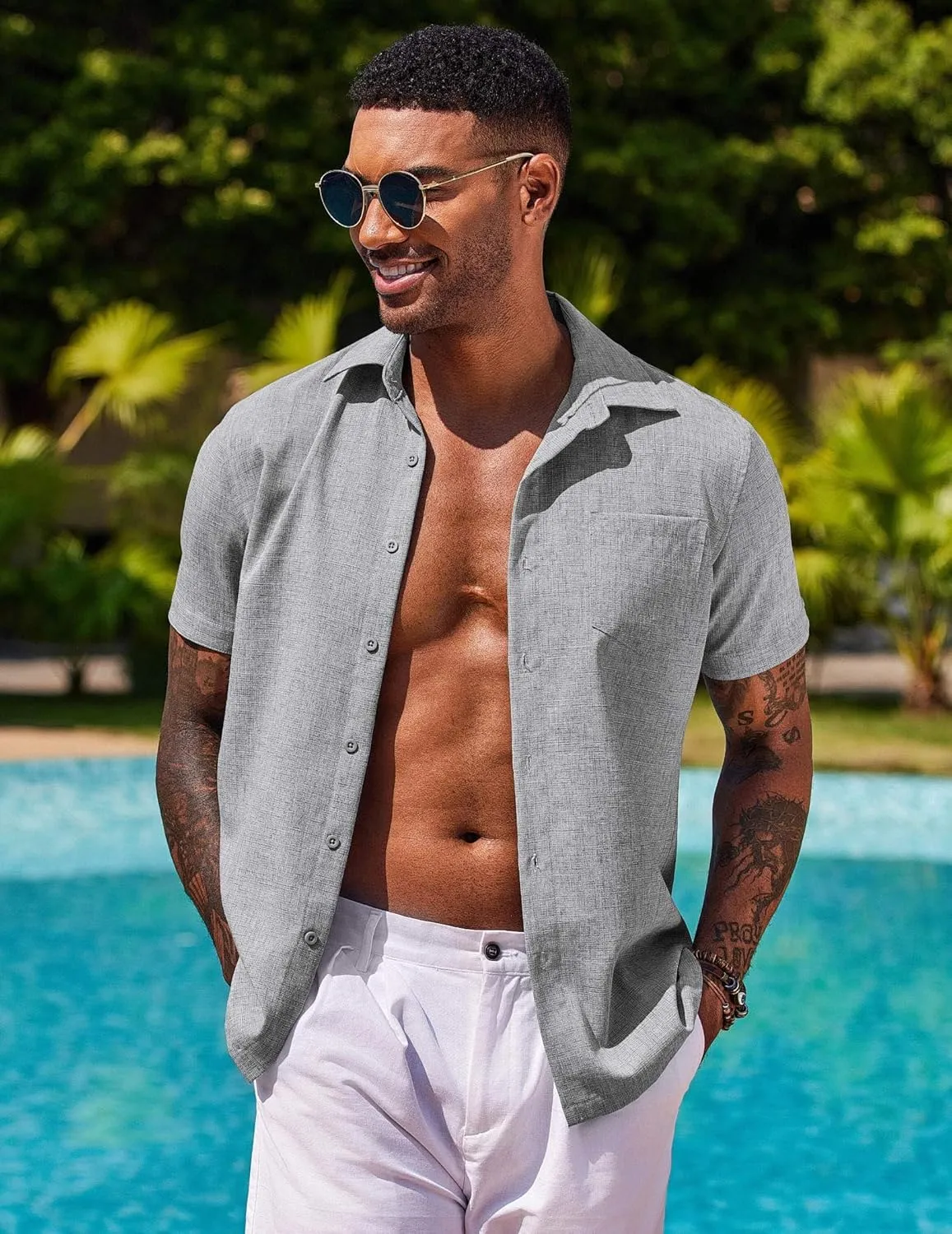 COOFANDY Men's Button Down Shirts Short Sleeve Casual Shirts Summer Beach Linen Shirts with Pocket
