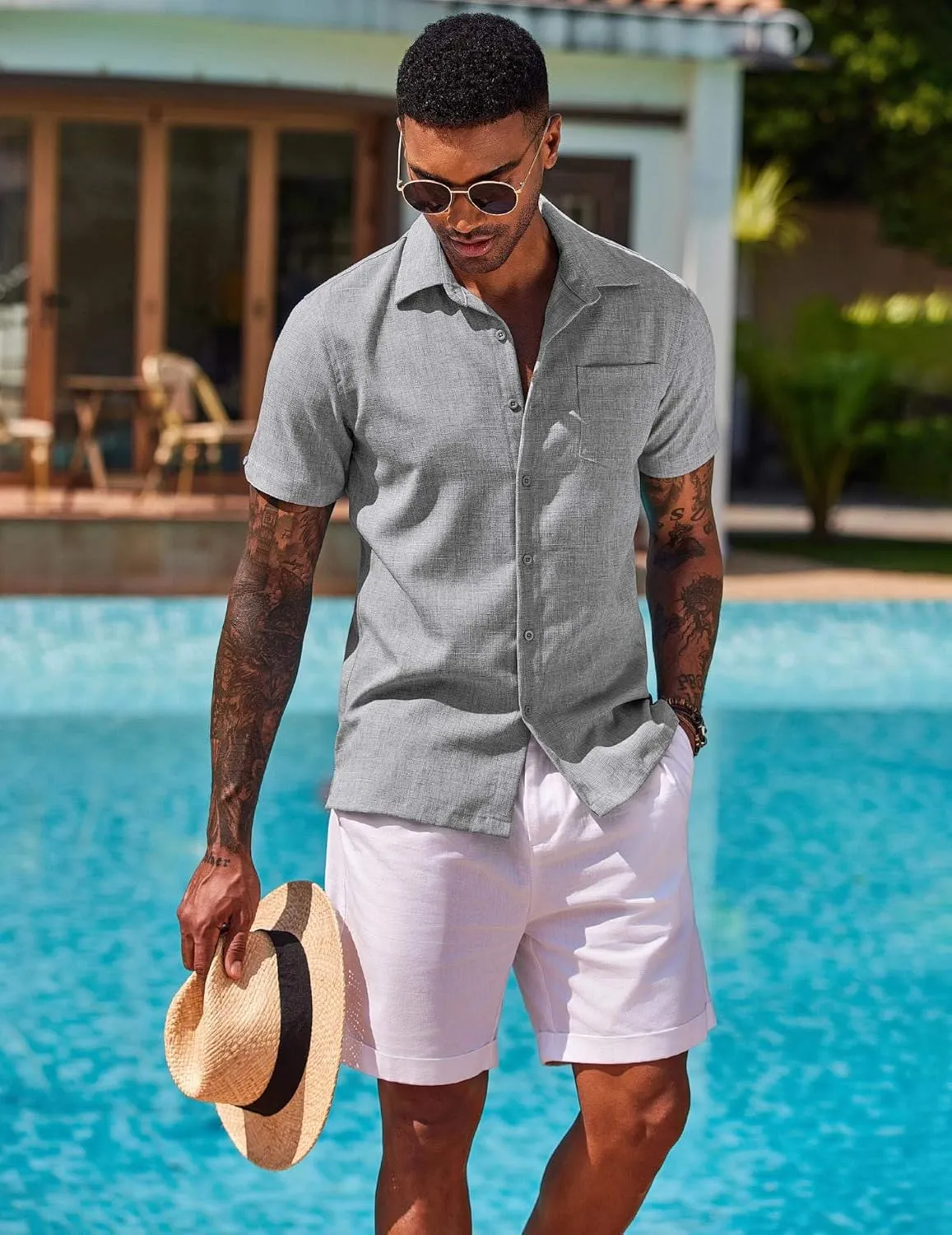 COOFANDY Men's Button Down Shirts Short Sleeve Casual Shirts Summer Beach Linen Shirts with Pocket