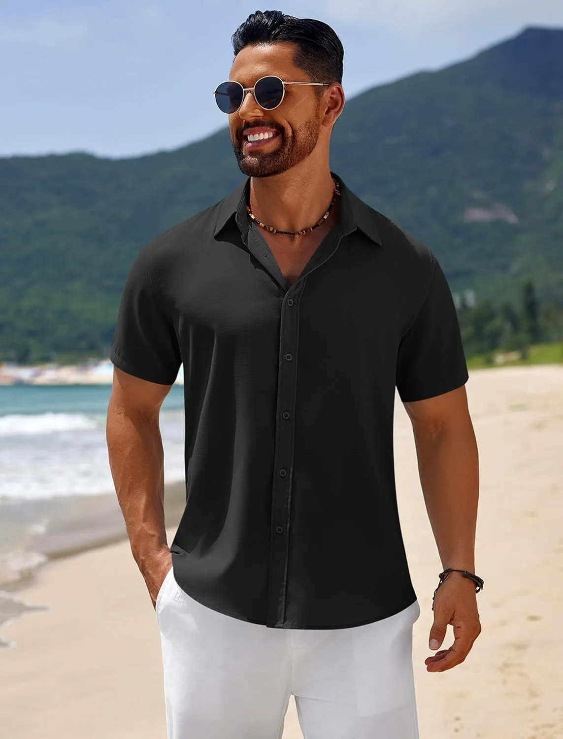 COOFANDY Mens Casual Beach Shirts Short Sleeve Button Down Shirts Summer Vacation Untucked Dress Shirts