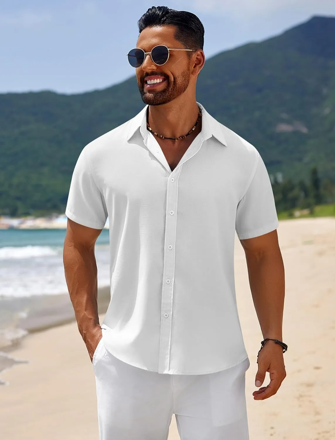 COOFANDY Mens Casual Beach Shirts Short Sleeve Button Down Shirts Summer Vacation Untucked Dress Shirts