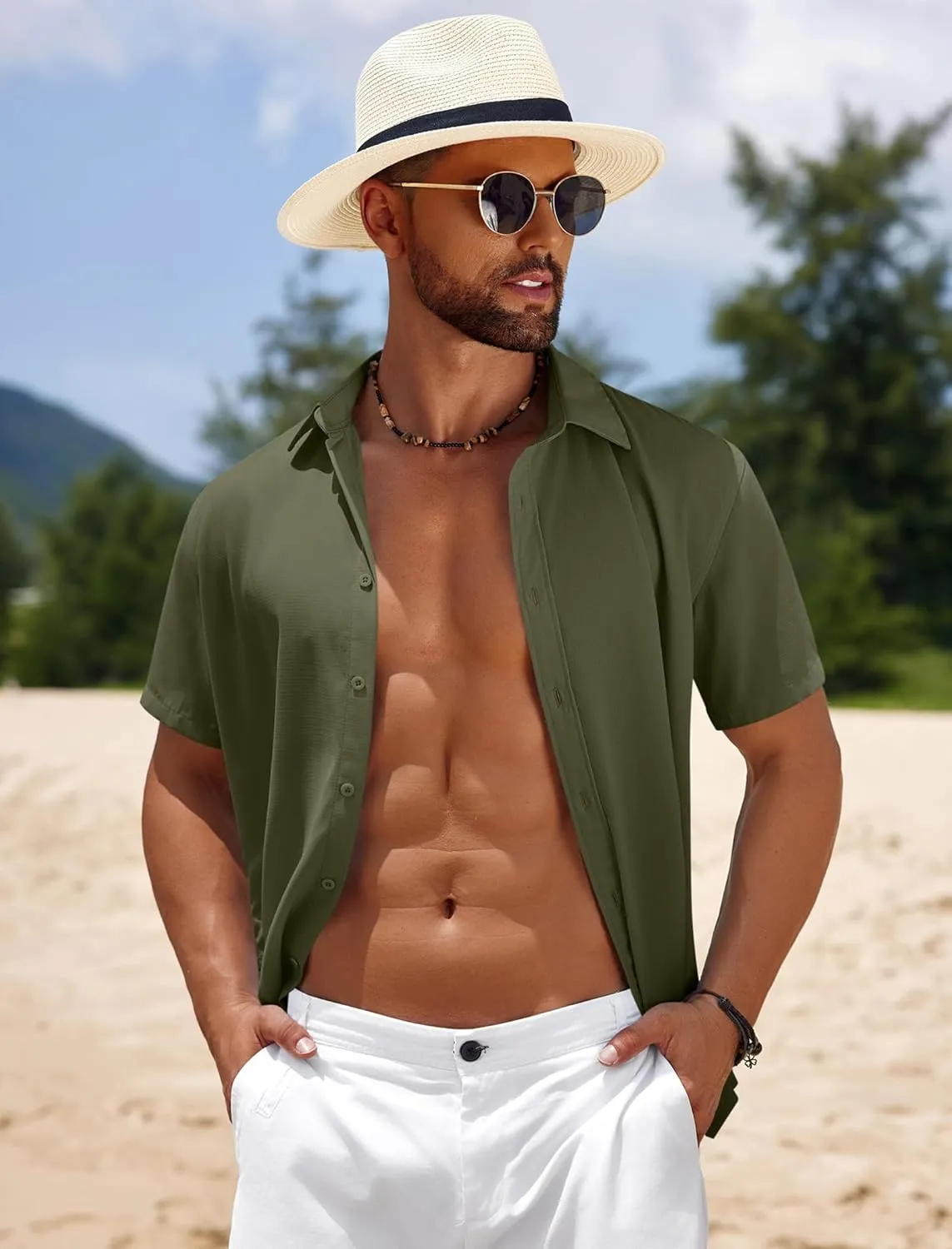COOFANDY Mens Casual Beach Shirts Short Sleeve Button Down Shirts Summer Vacation Untucked Dress Shirts