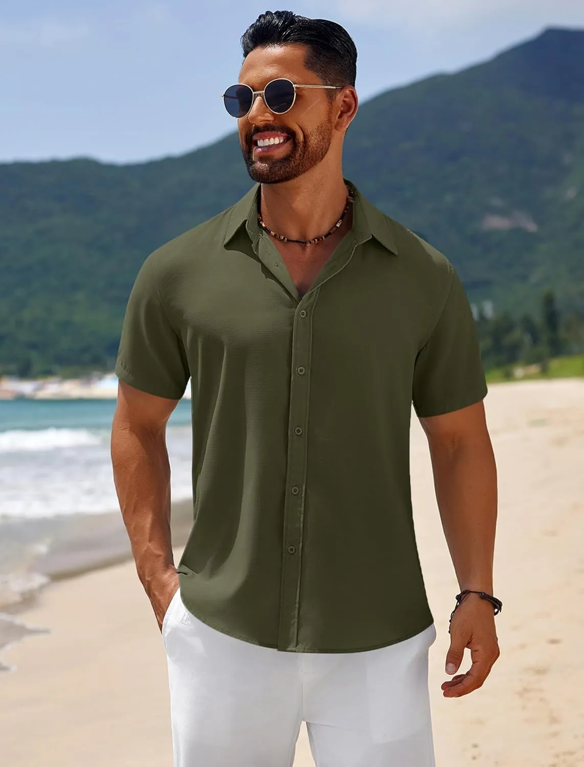 COOFANDY Mens Casual Beach Shirts Short Sleeve Button Down Shirts Summer Vacation Untucked Dress Shirts