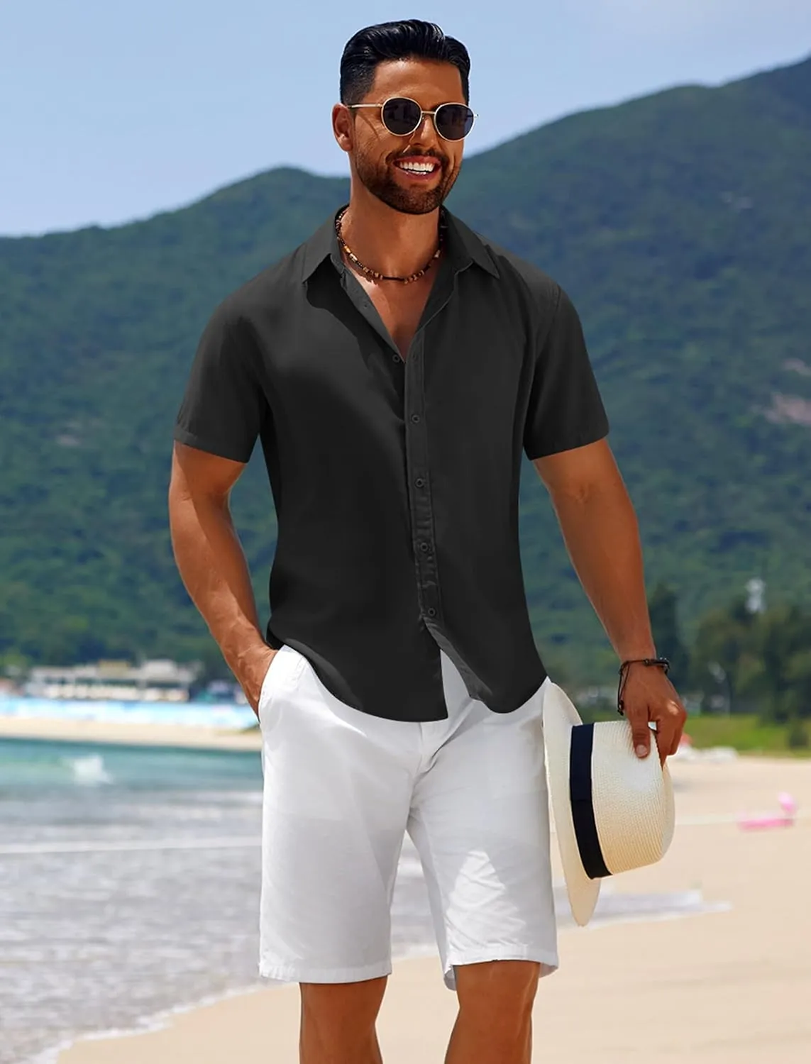 COOFANDY Mens Casual Beach Shirts Short Sleeve Button Down Shirts Summer Vacation Untucked Dress Shirts