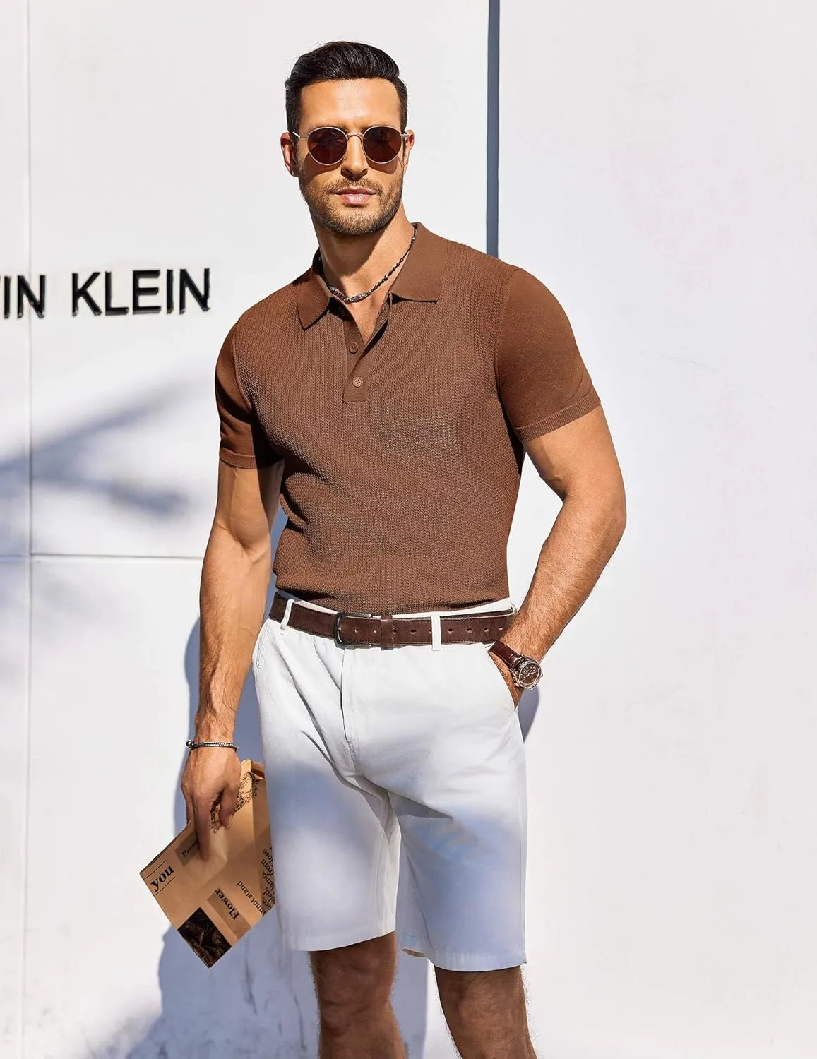 COOFANDY Men's Knit Polo Shirts Short Sleeve Casual Button Down Shirts Vintage Collared Golf Shirts