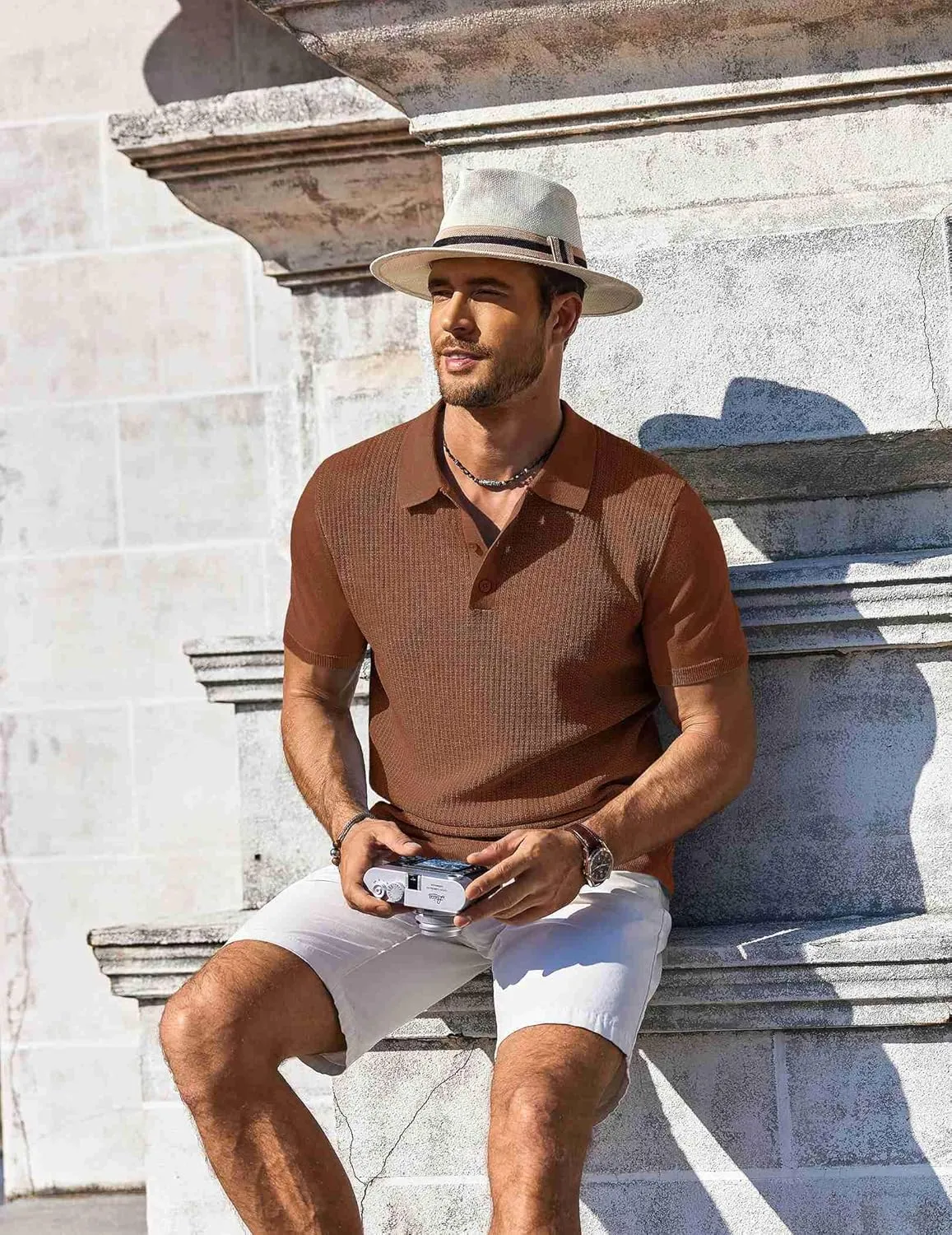 COOFANDY Men's Knit Polo Shirts Short Sleeve Casual Button Down Shirts Vintage Collared Golf Shirts