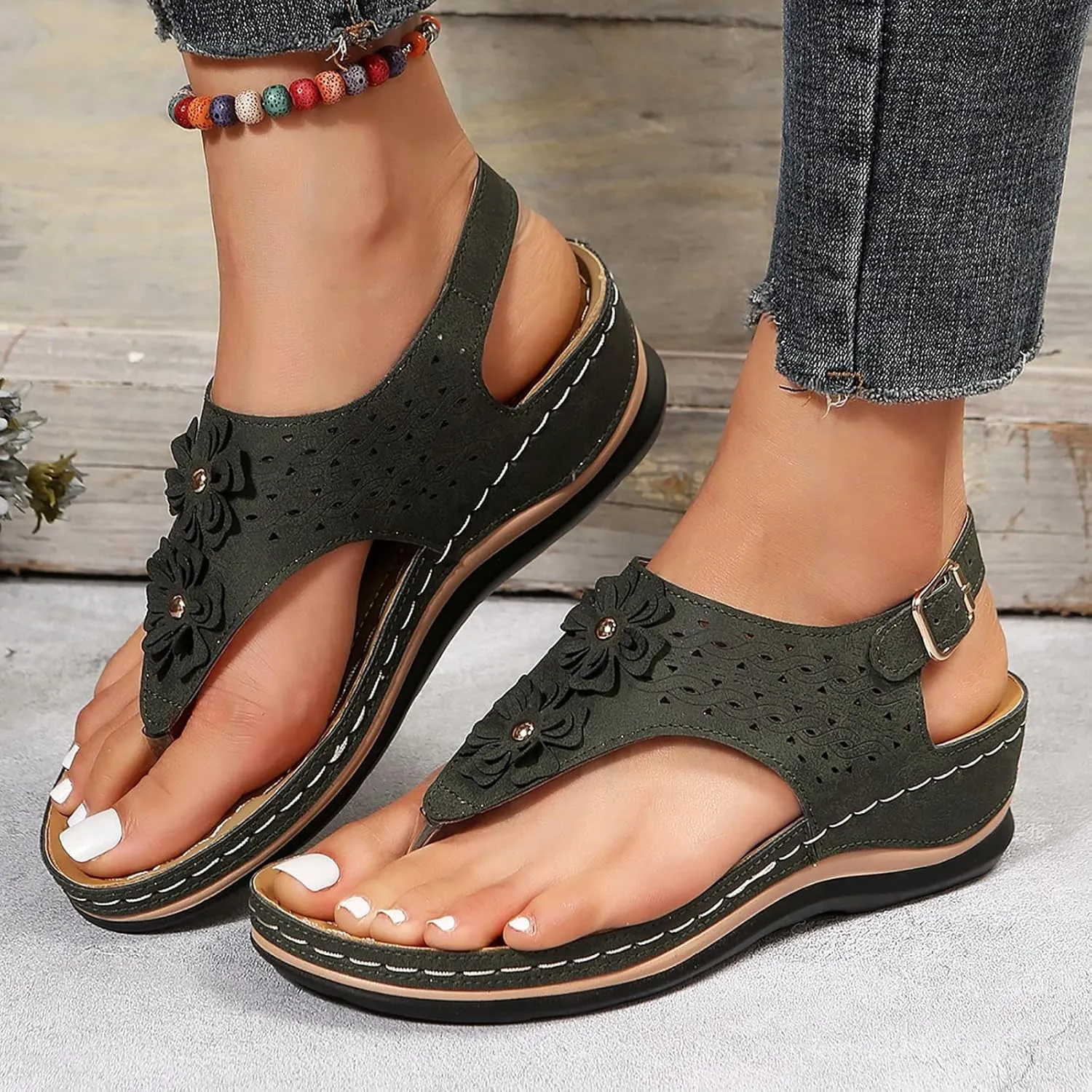 cooki Womens Sandals Comfortable Dressy Orthopedic Sandals for Women Thong T-Strap Casual Summer Arch Support Beach Sandals