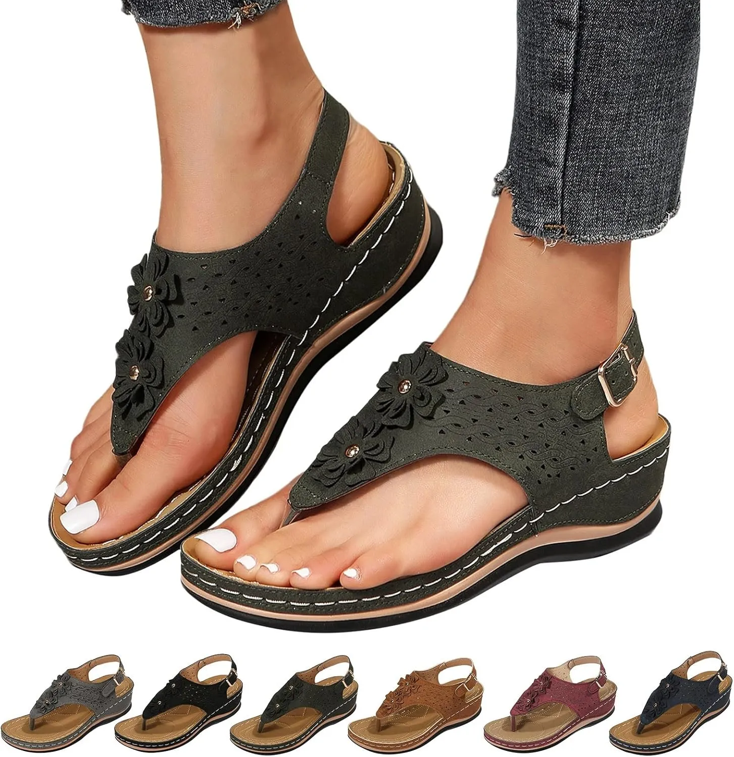cooki Womens Sandals Comfortable Dressy Orthopedic Sandals for Women Thong T-Strap Casual Summer Arch Support Beach Sandals