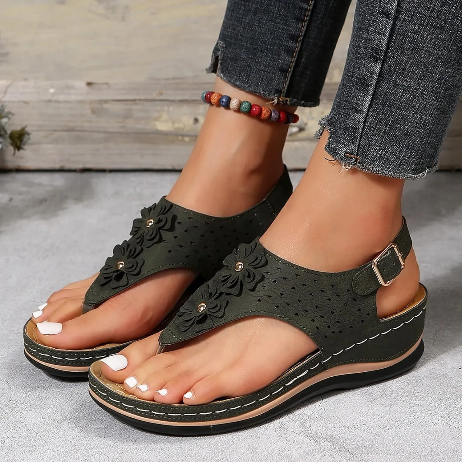 cooki Womens Sandals Comfortable Dressy Orthopedic Sandals for Women Thong T-Strap Casual Summer Arch Support Beach Sandals