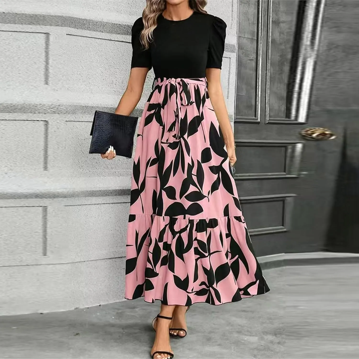 COTECRAM Women's 2025 Summer Casual Short Sleeve Crew Neck High Waist Smocked Tiered A Line Boho Beach Midi Maxi Dress