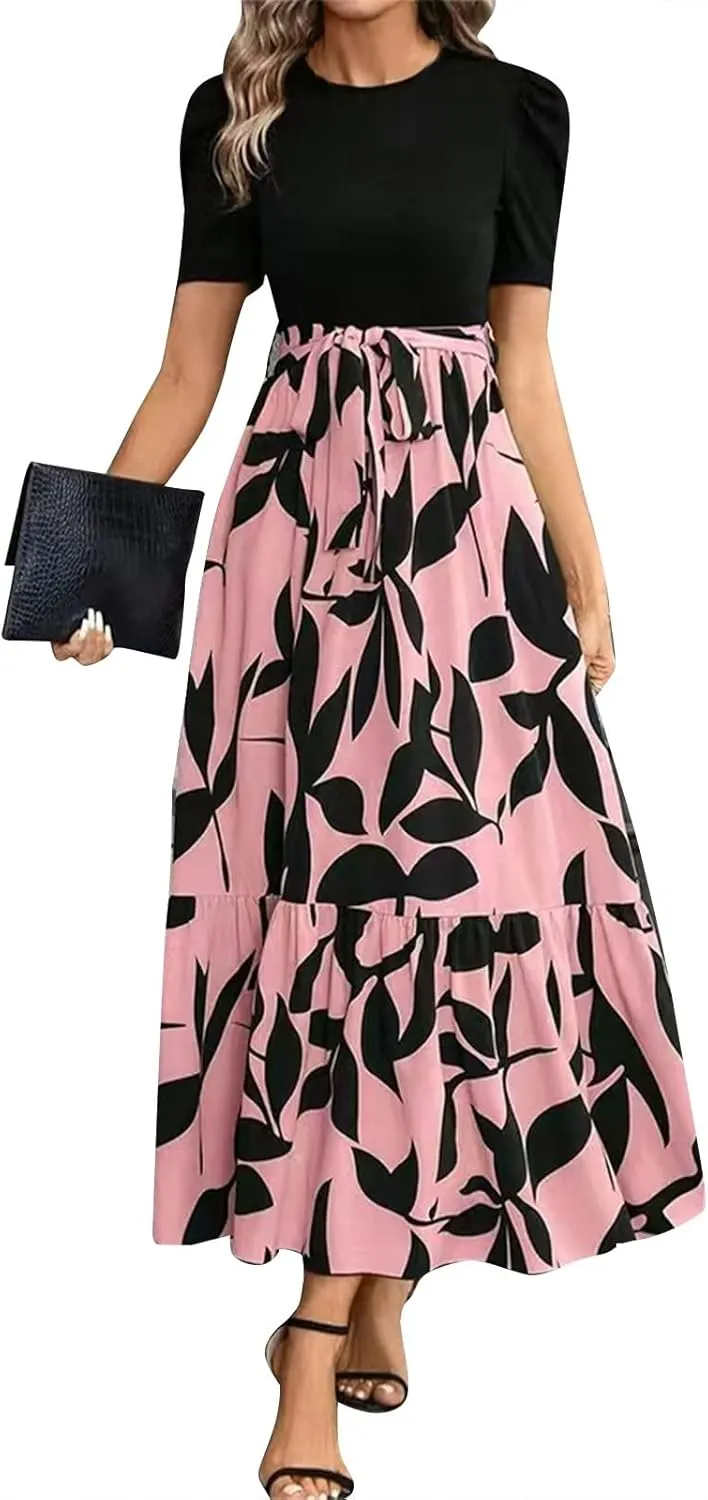 COTECRAM Women's 2025 Summer Casual Short Sleeve Crew Neck High Waist Smocked Tiered A Line Boho Beach Midi Maxi Dress