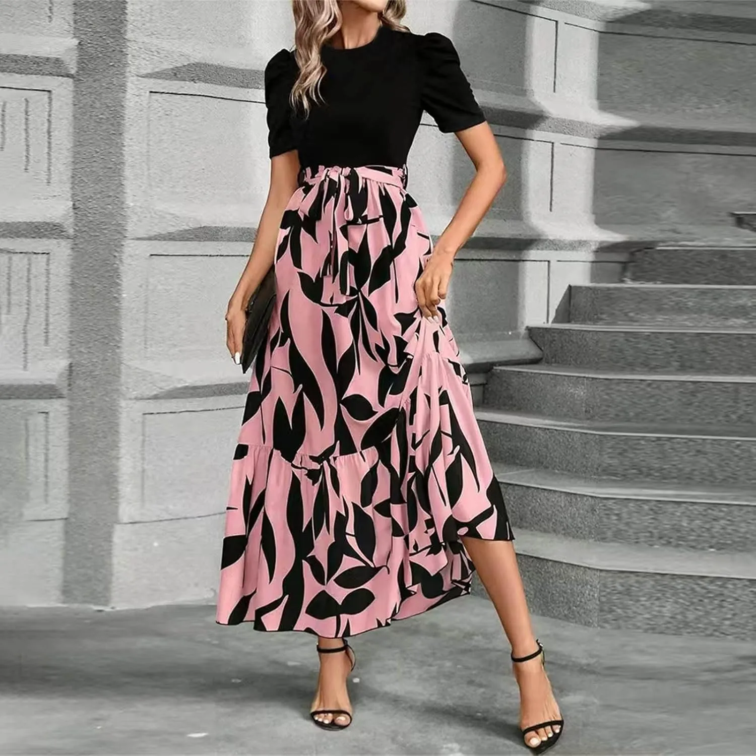 COTECRAM Women's 2025 Summer Casual Short Sleeve Crew Neck High Waist Smocked Tiered A Line Boho Beach Midi Maxi Dress