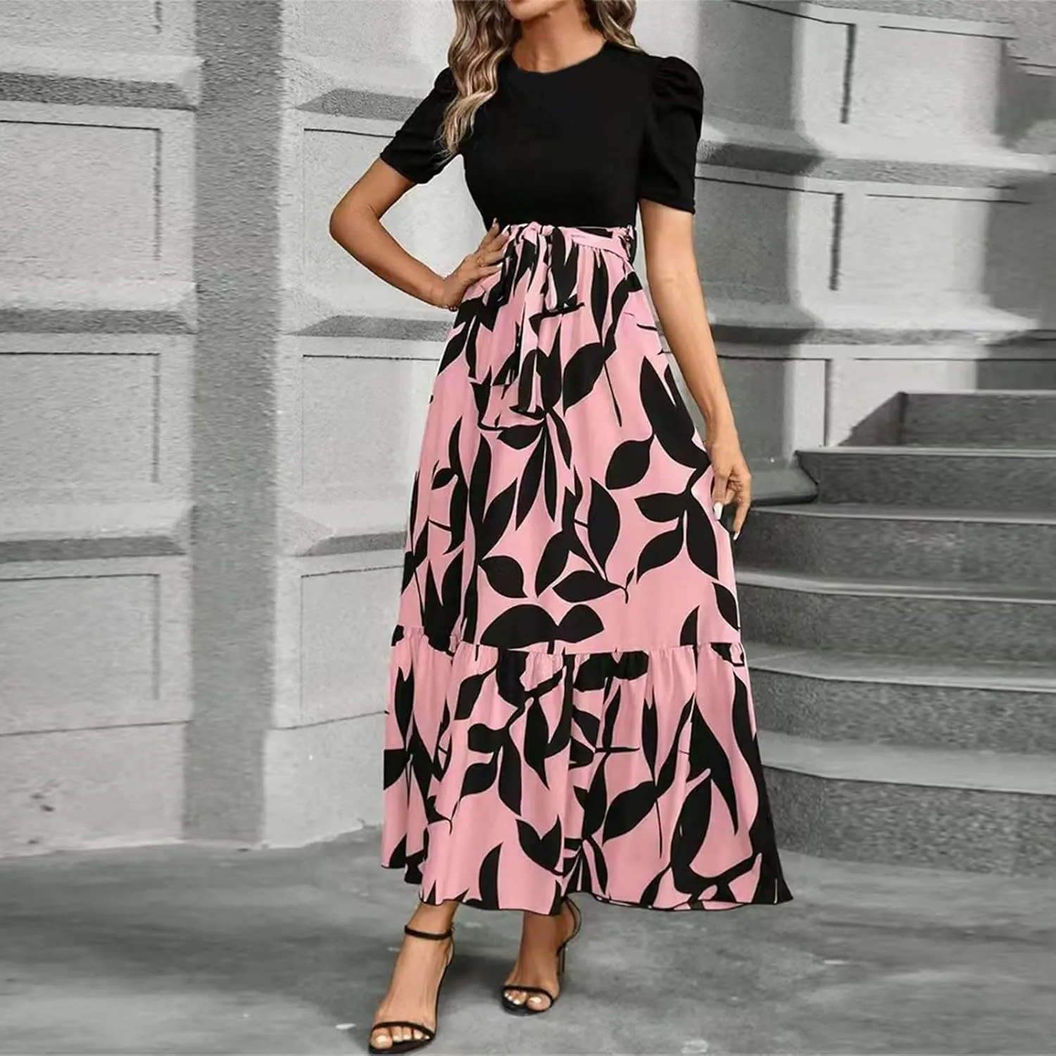 COTECRAM Women's 2025 Summer Casual Short Sleeve Crew Neck High Waist Smocked Tiered A Line Boho Beach Midi Maxi Dress