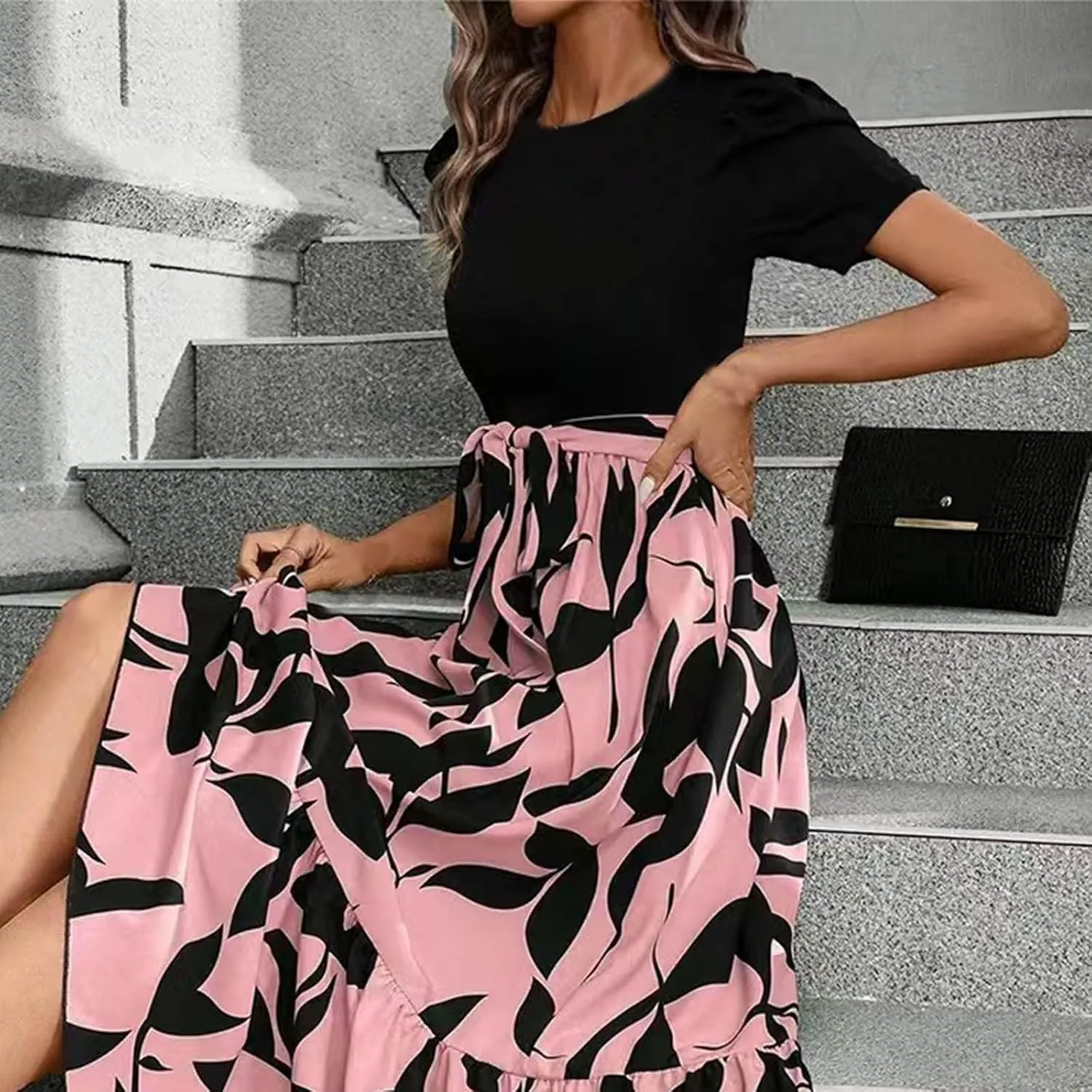 COTECRAM Women's 2025 Summer Casual Short Sleeve Crew Neck High Waist Smocked Tiered A Line Boho Beach Midi Maxi Dress