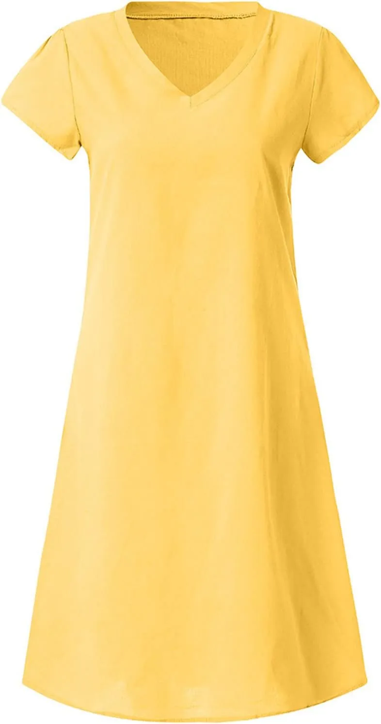 Cotton Linen Dress for Women 2025 Casual Short Sleeve Knee Length Dresses Summer Vacation Fashion Sundresses