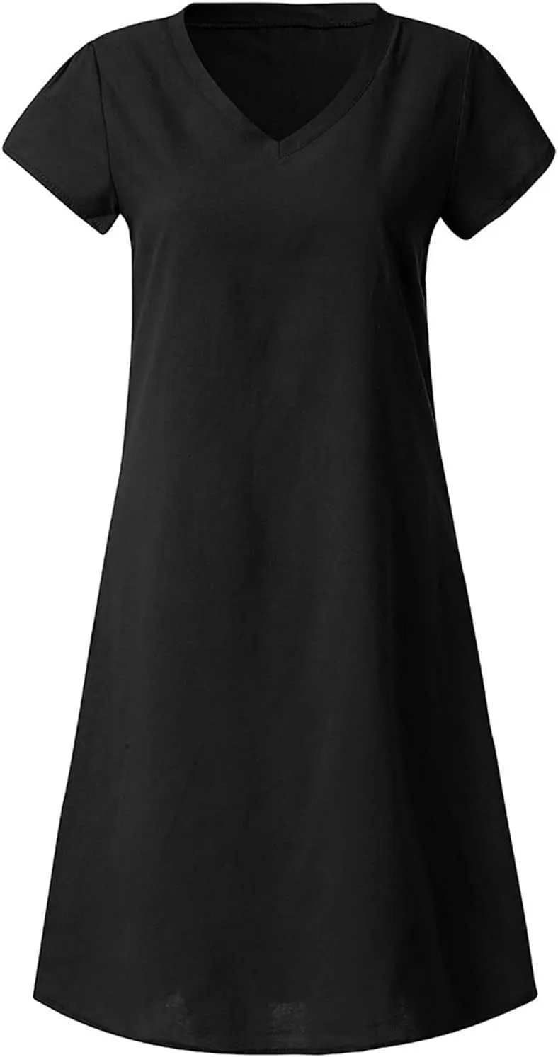 Cotton Linen Dress for Women 2025 Casual Short Sleeve Knee Length Dresses Summer Vacation Fashion Sundresses
