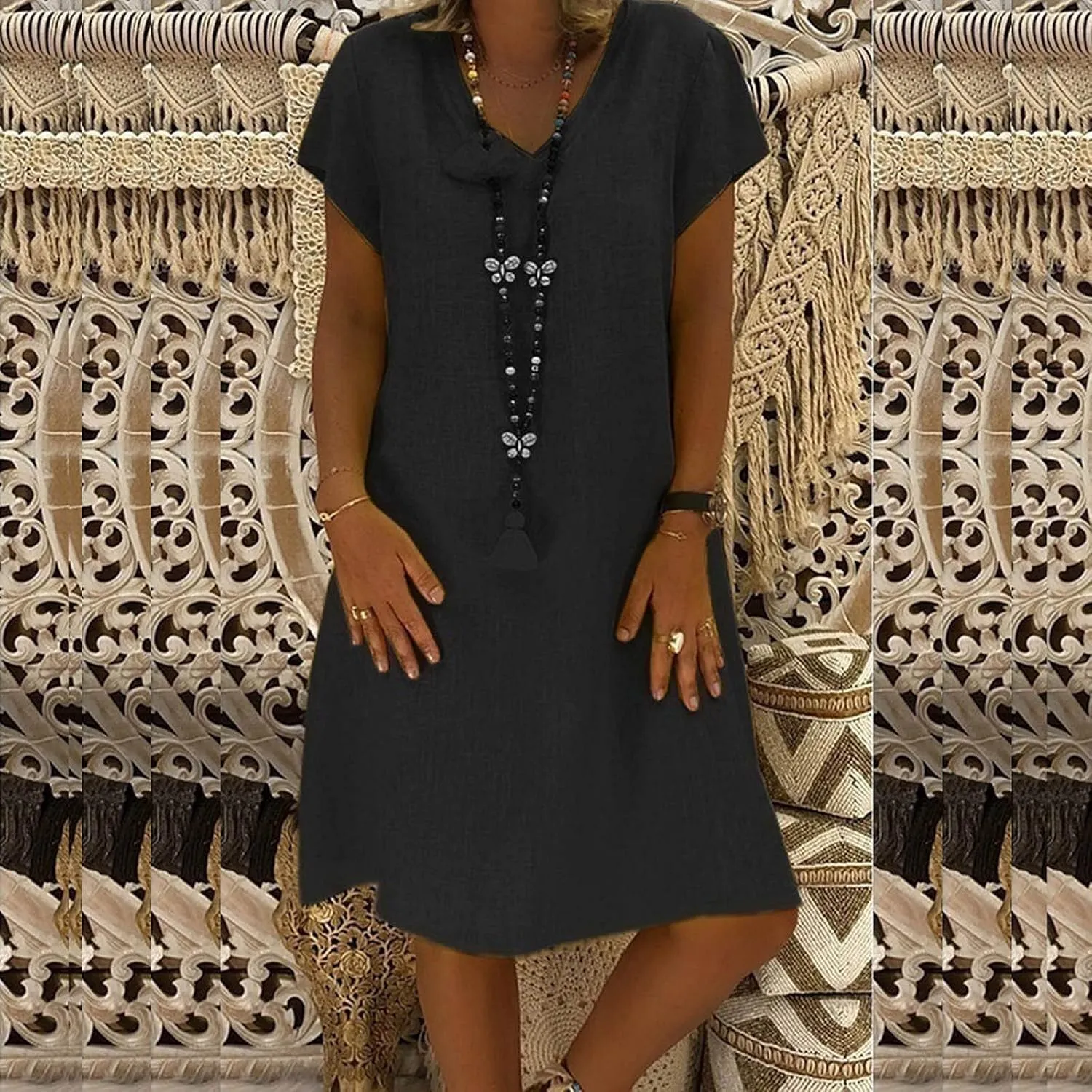 Cotton Linen Dress for Women 2025 Casual Short Sleeve Knee Length Dresses Summer Vacation Fashion Sundresses