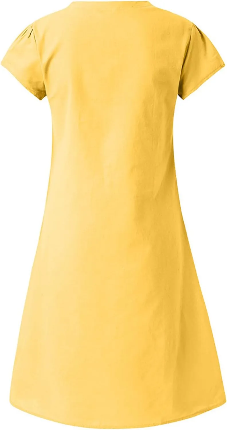 Cotton Linen Dress for Women 2025 Casual Short Sleeve Knee Length Dresses Summer Vacation Fashion Sundresses
