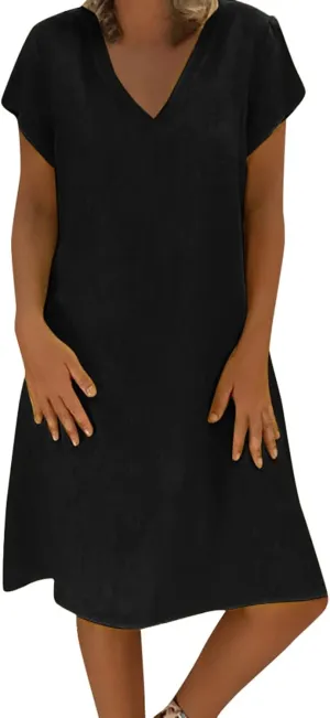 Cotton Linen Dress for Women 2025 Casual Short Sleeve Knee Length Dresses Summer Vacation Fashion Sundresses
