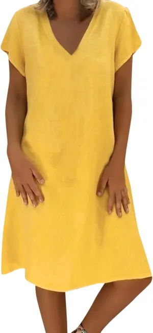 Cotton Linen Dress for Women 2025 Casual Short Sleeve Knee Length Dresses Summer Vacation Fashion Sundresses