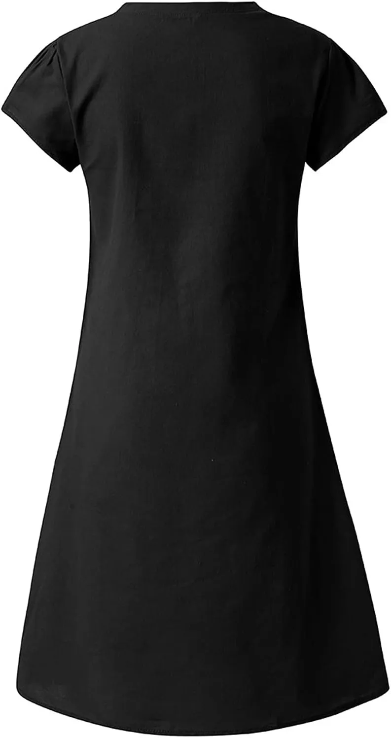 Cotton Linen Dress for Women 2025 Casual Short Sleeve Knee Length Dresses Summer Vacation Fashion Sundresses