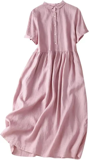 Cotton Linen Dresses for Women Casual Short Sleeve Collared Maxi Dress Spring Vacation Fashion Elegantes Dresses