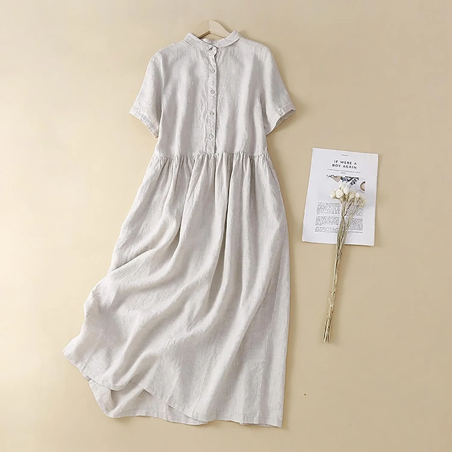 Cotton Linen Dresses for Women Casual Short Sleeve Collared Maxi Dress Spring Vacation Fashion Elegantes Dresses