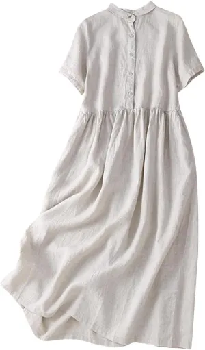 Cotton Linen Dresses for Women Casual Short Sleeve Collared Maxi Dress Spring Vacation Fashion Elegantes Dresses