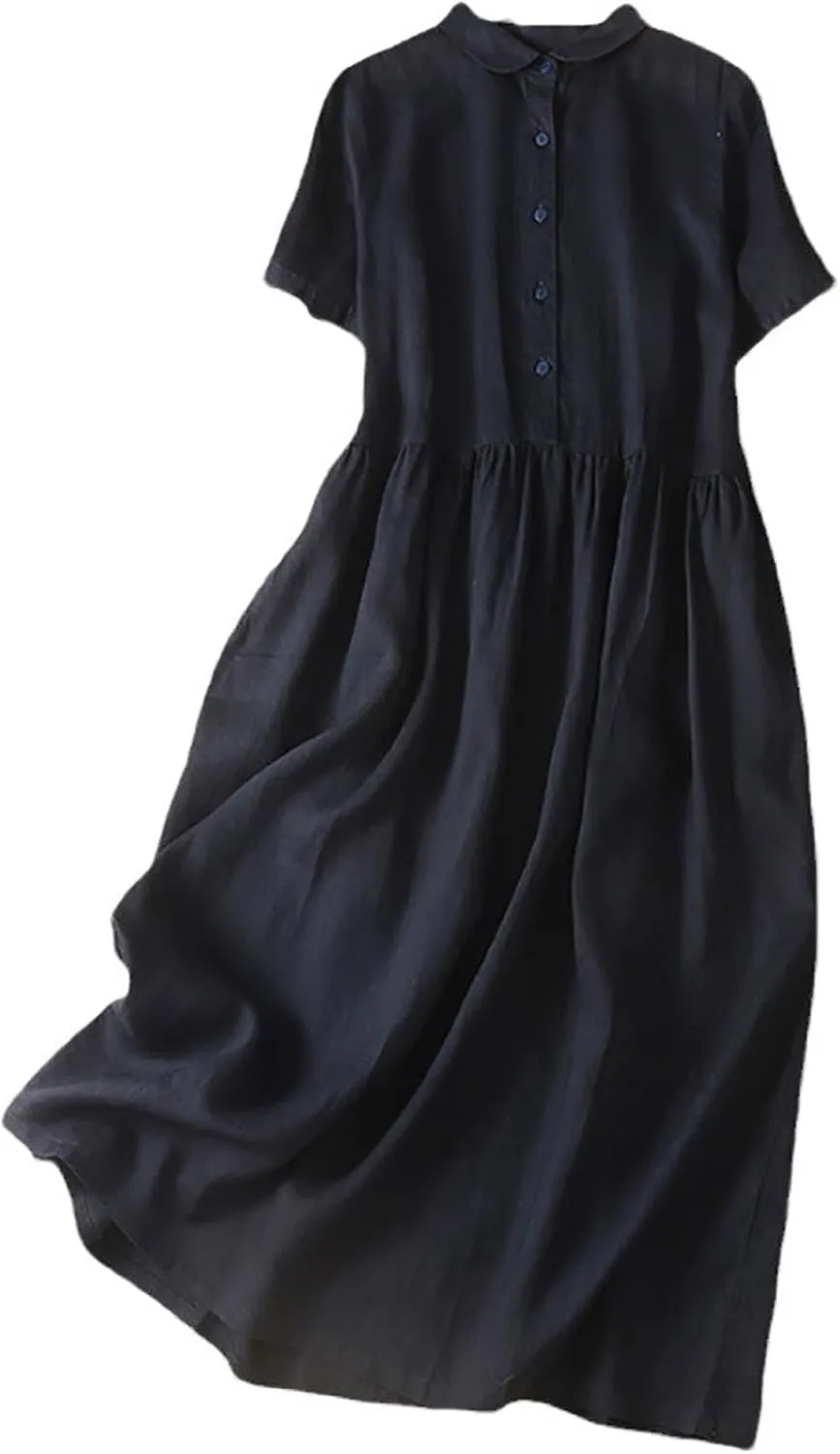 Cotton Linen Dresses for Women Casual Short Sleeve Collared Maxi Dress Spring Vacation Fashion Elegantes Dresses