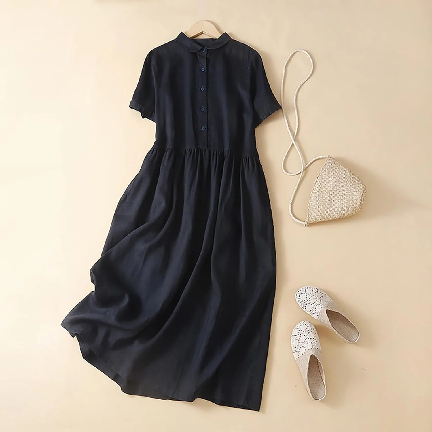 Cotton Linen Dresses for Women Casual Short Sleeve Collared Maxi Dress Spring Vacation Fashion Elegantes Dresses