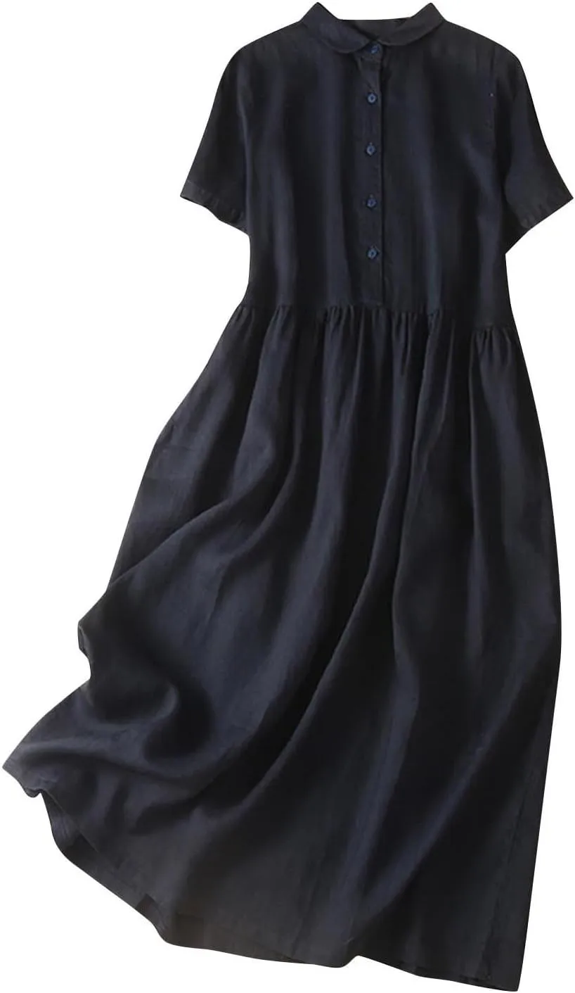 Cotton Linen Dresses for Women Casual Short Sleeve Collared Maxi Dress Spring Vacation Fashion Elegantes Dresses