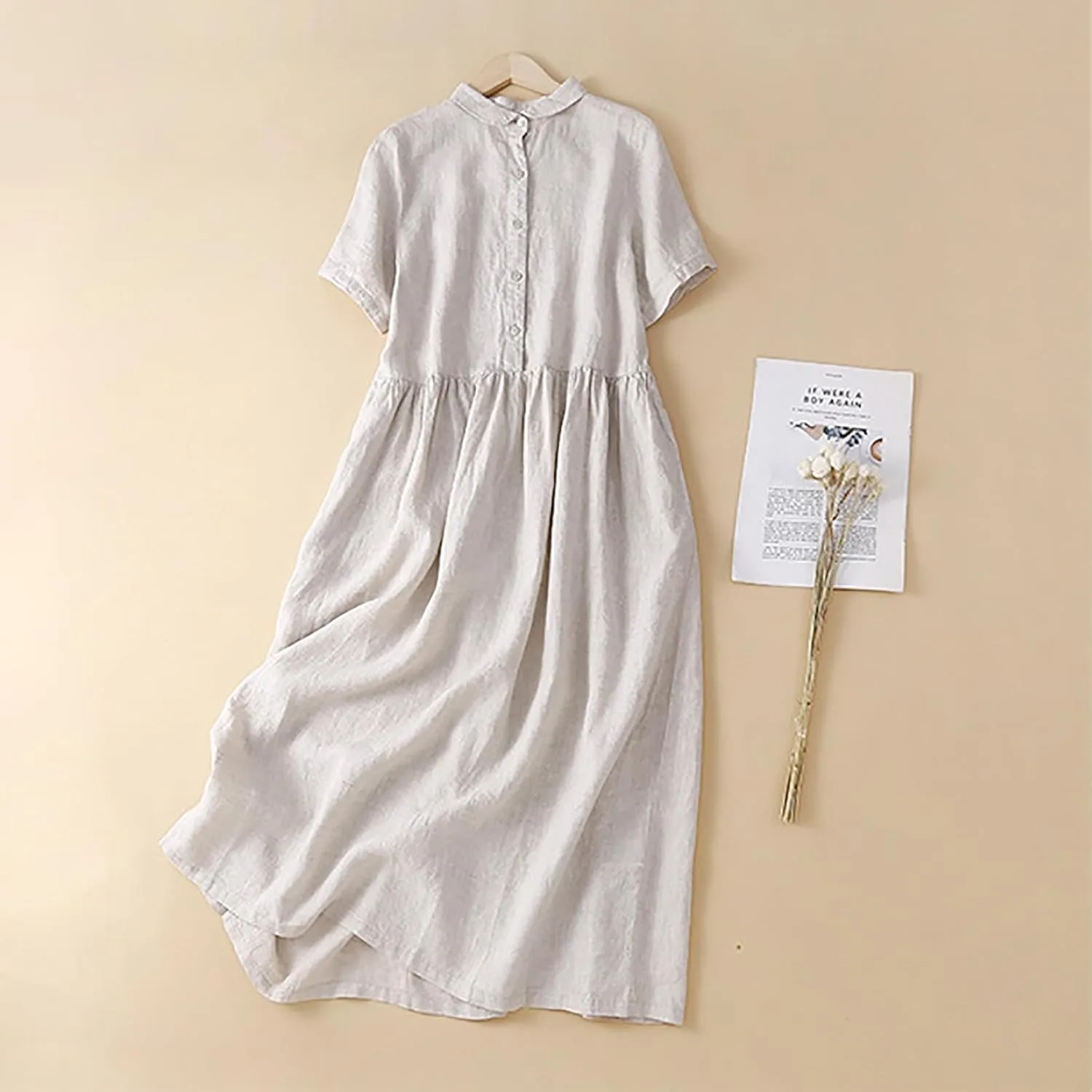 Cotton Linen Dresses for Women Casual Short Sleeve Collared Maxi Dress Spring Vacation Fashion Elegantes Dresses