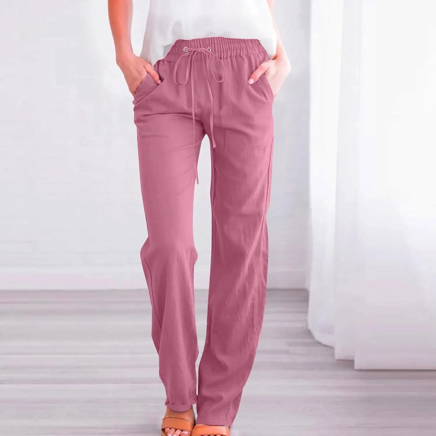Cotton Linen Pants for Women Straight Leg Drawstring High Waist Trousers Relaxed Fit Elastic Waist Lounge Long Trouser