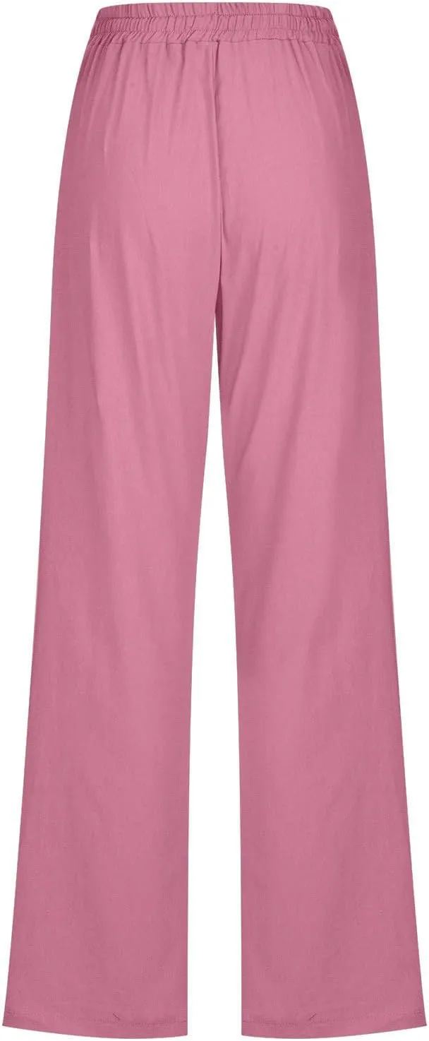 Cotton Linen Pants for Women Straight Leg Drawstring High Waist Trousers Relaxed Fit Elastic Waist Lounge Long Trouser