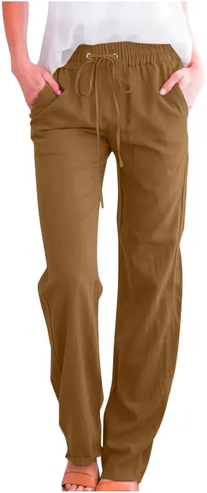 Cotton Linen Pants for Women Straight Leg Drawstring High Waist Trousers Relaxed Fit Elastic Waist Lounge Long Trouser