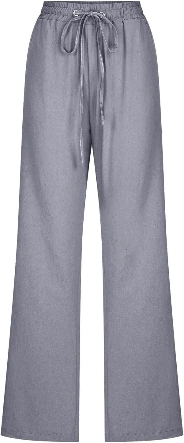 Cotton Linen Pants for Women Straight Leg Drawstring High Waist Trousers Relaxed Fit Elastic Waist Lounge Long Trouser