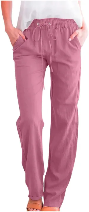 Cotton Linen Pants for Women Straight Leg Drawstring High Waist Trousers Relaxed Fit Elastic Waist Lounge Long Trouser