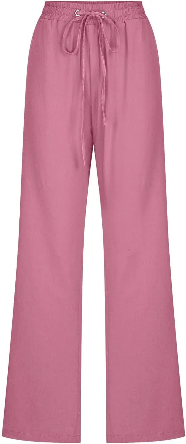 Cotton Linen Pants for Women Straight Leg Drawstring High Waist Trousers Relaxed Fit Elastic Waist Lounge Long Trouser
