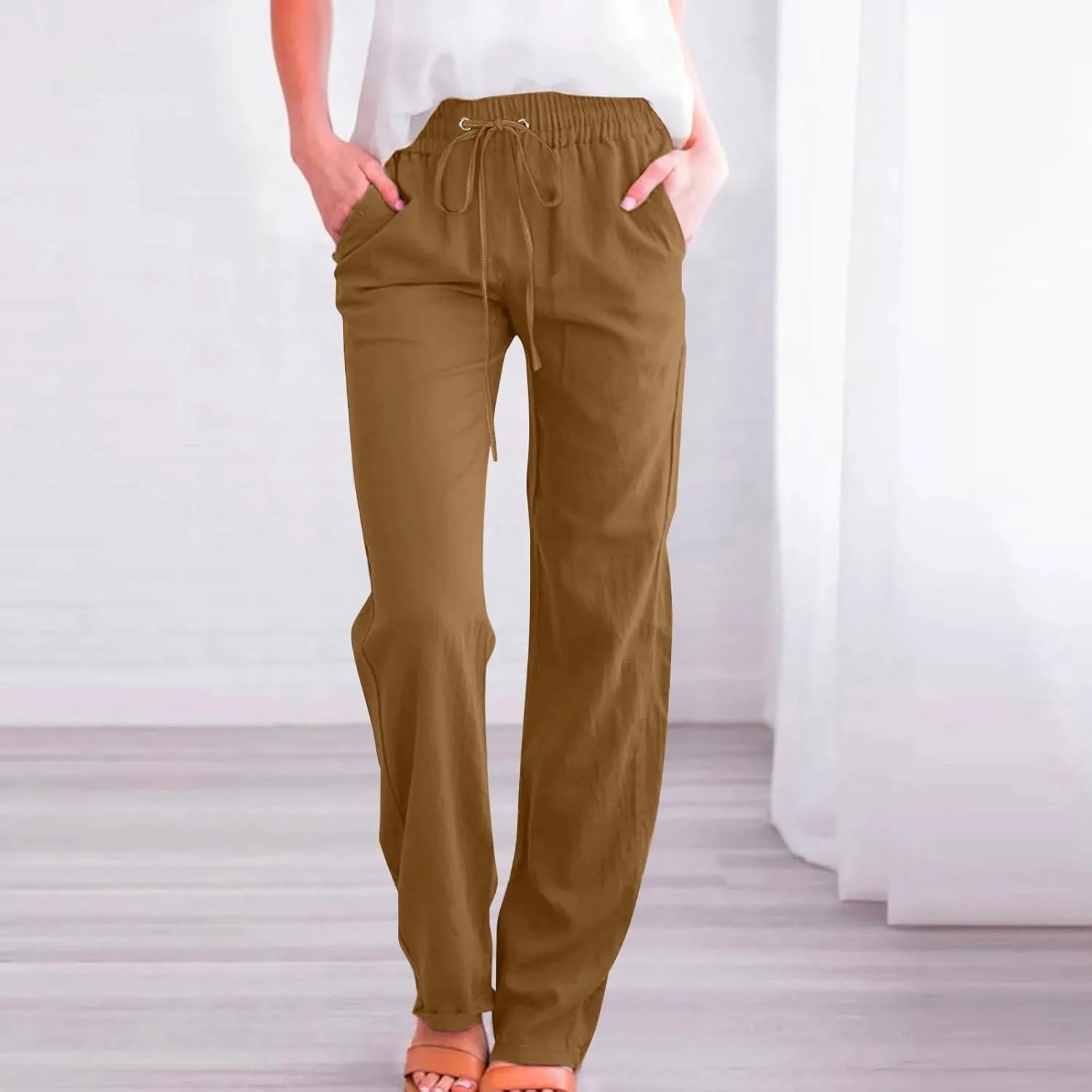 Cotton Linen Pants for Women Straight Leg Drawstring High Waist Trousers Relaxed Fit Elastic Waist Lounge Long Trouser