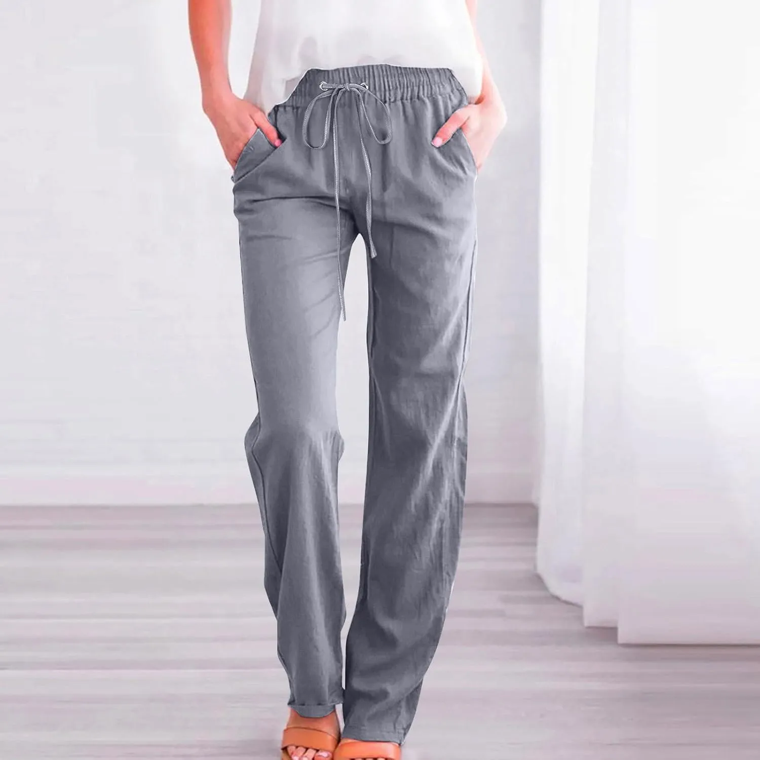 Cotton Linen Pants for Women Straight Leg Drawstring High Waist Trousers Relaxed Fit Elastic Waist Lounge Long Trouser