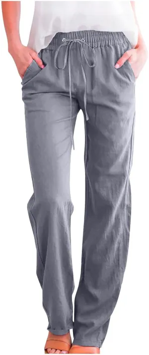 Cotton Linen Pants for Women Straight Leg Drawstring High Waist Trousers Relaxed Fit Elastic Waist Lounge Long Trouser