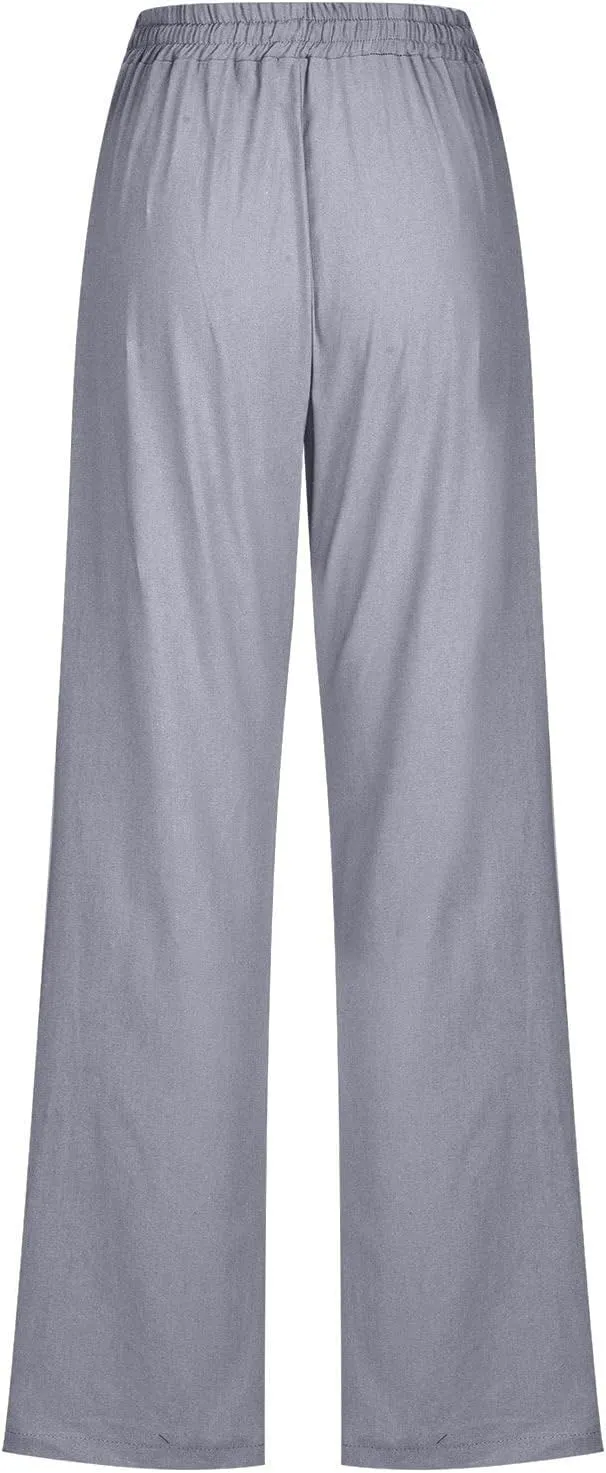 Cotton Linen Pants for Women Straight Leg Drawstring High Waist Trousers Relaxed Fit Elastic Waist Lounge Long Trouser